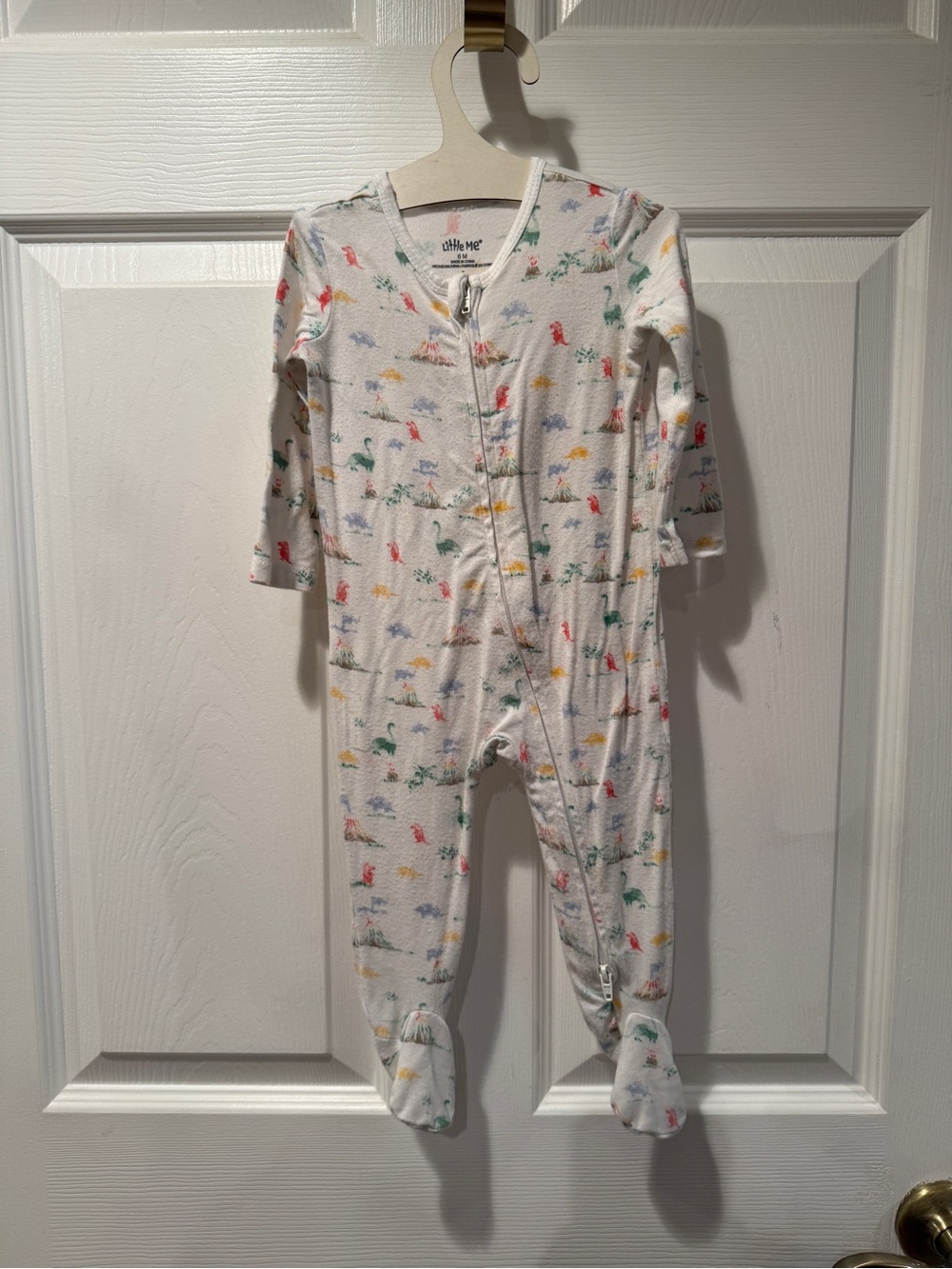 Little Me White Footie Zip-up Sleep & Play Multi-Color Dinosaur Print Pajamas 6M